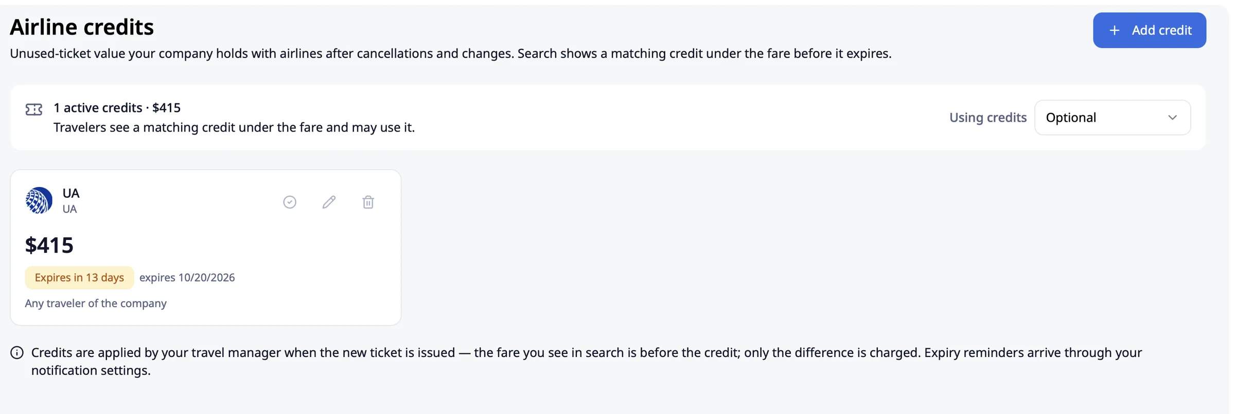 Airline credits: unused-ticket value the company holds with airlines, with expiry countdown and who may use it