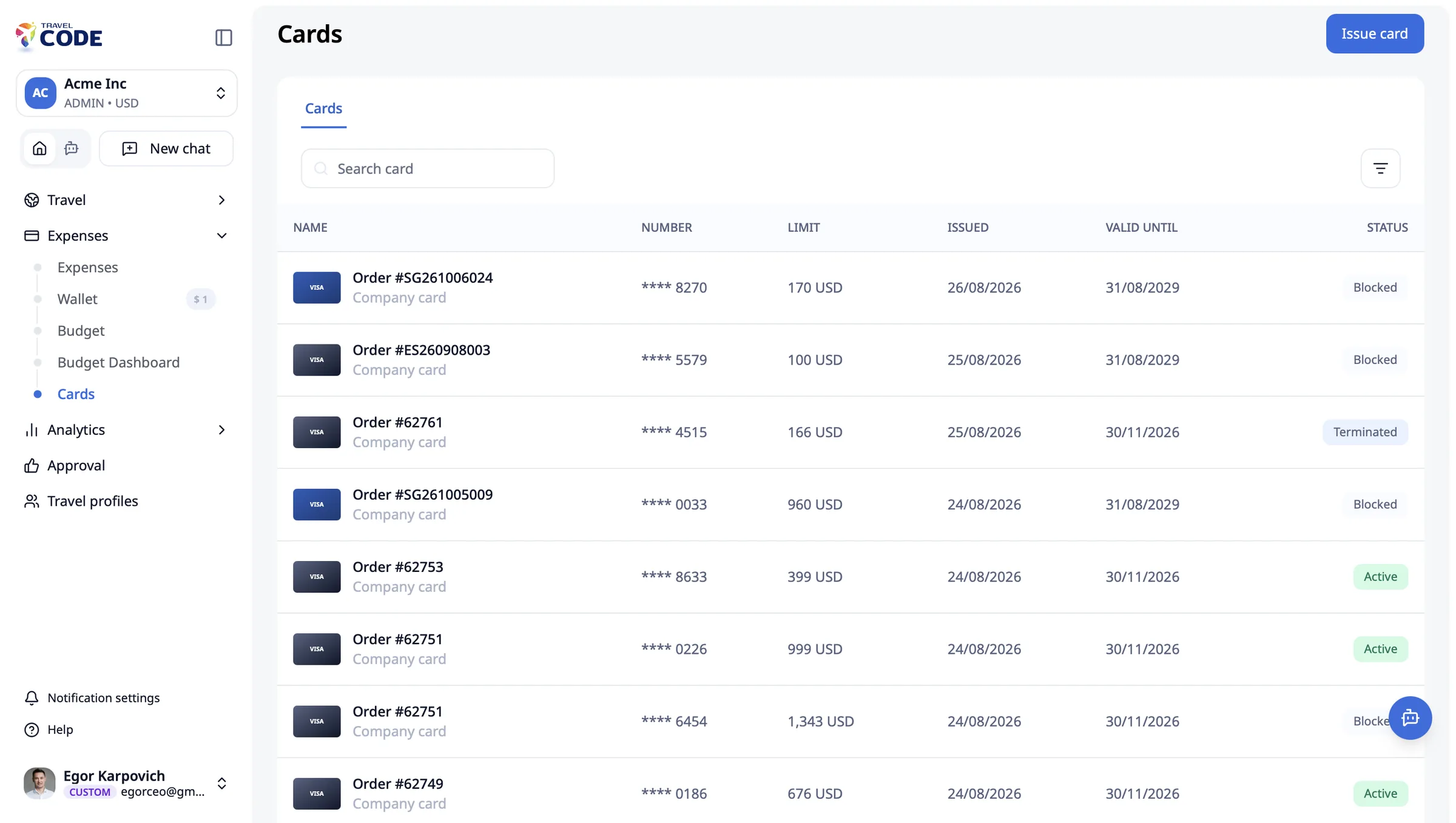 Cards page: virtual Visa cards issued per trip with limits, validity and status