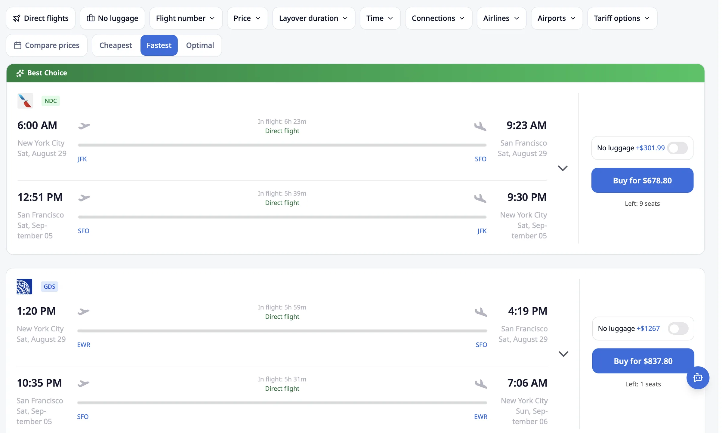 Flight results New York to San Francisco with NDC fares and a Best Choice tag