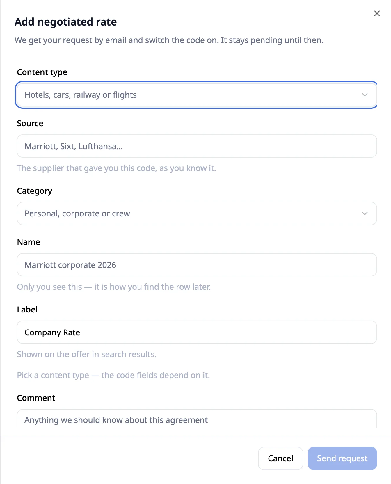 Add a negotiated rate: content type, supplier, category, code name and label shown in search results