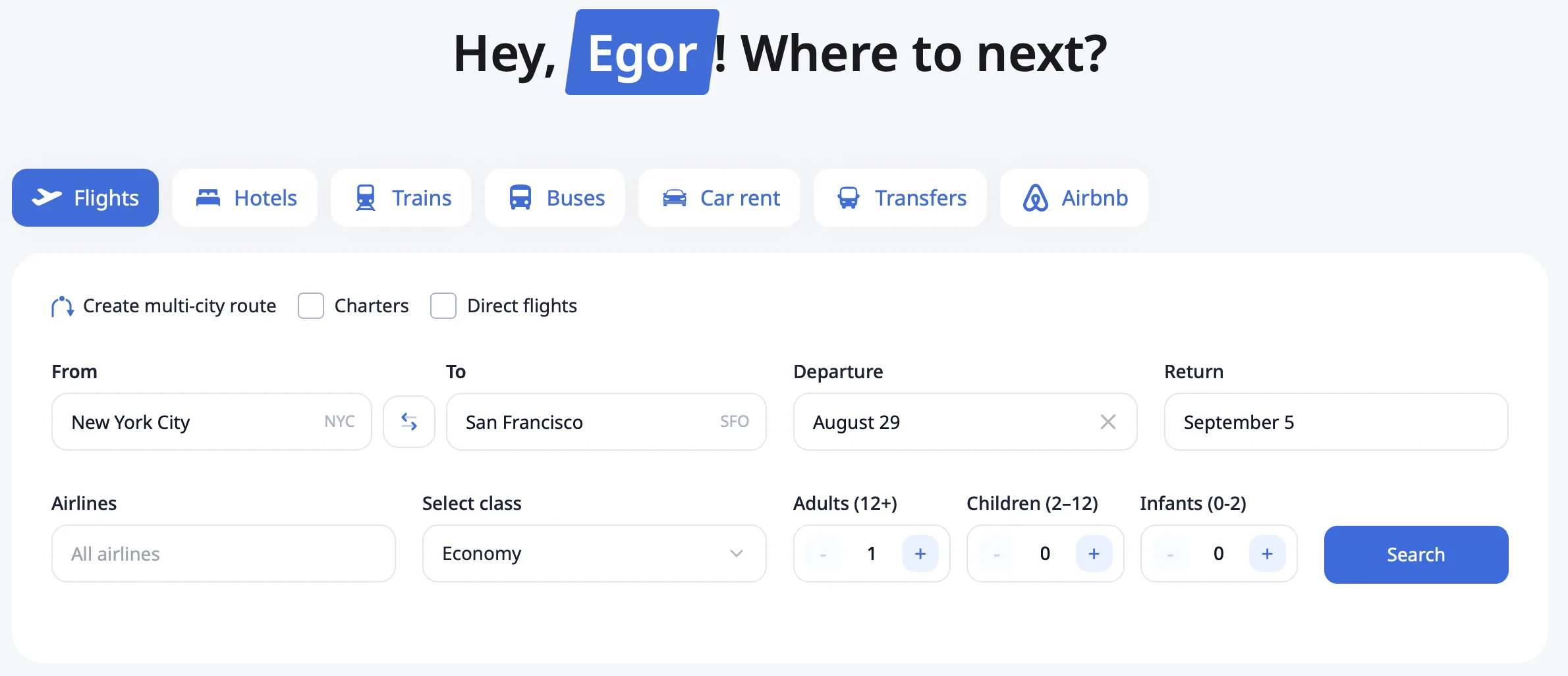Travel Code home: search flights, hotels, trains, buses, car rent, transfers and Airbnb in one place