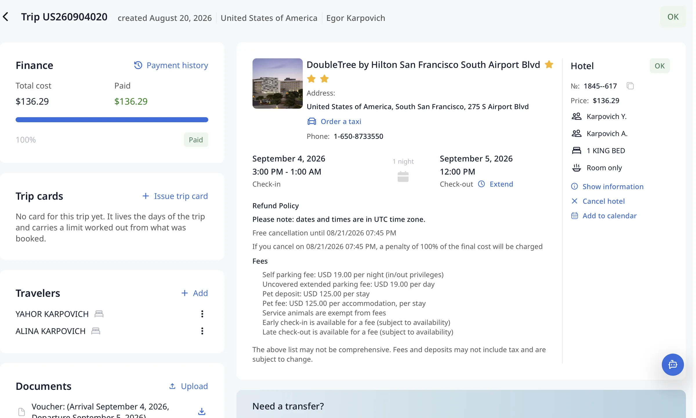 One live page per trip: finance, trip cards, travelers, documents and the hotel booking with its refund policy